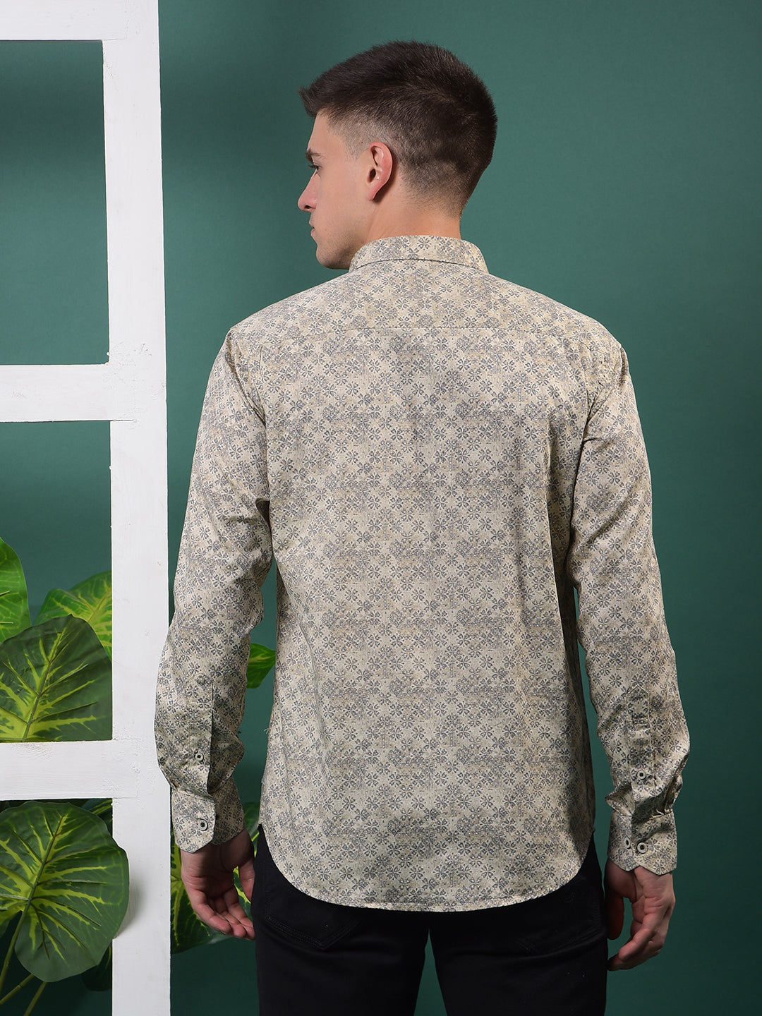 cobb beige printed slim-fit casual shirt