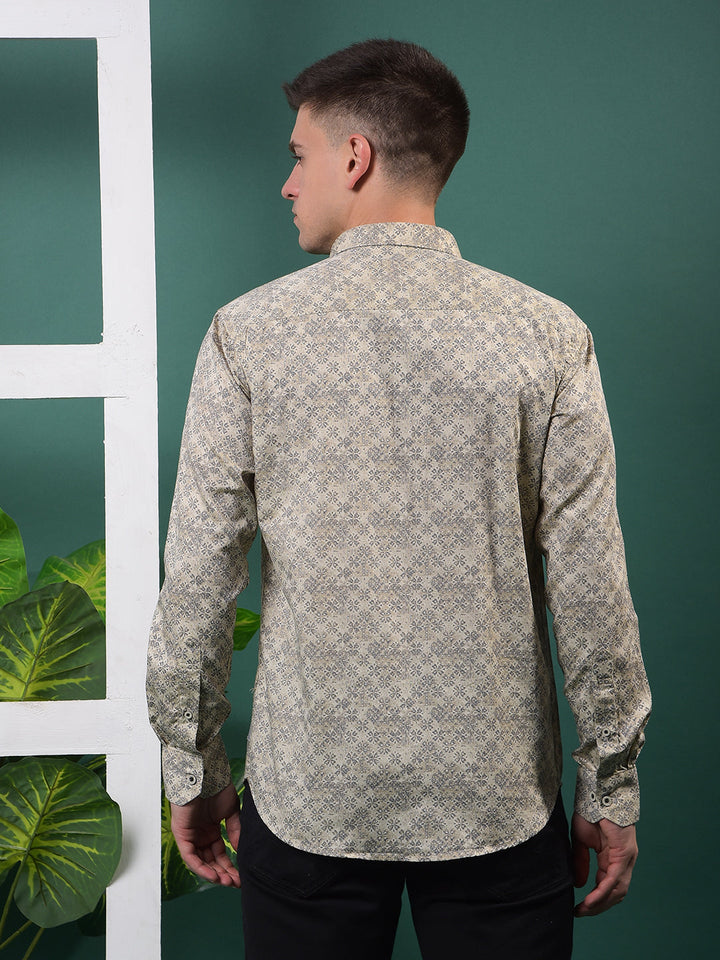 cobb beige printed slim-fit casual shirt