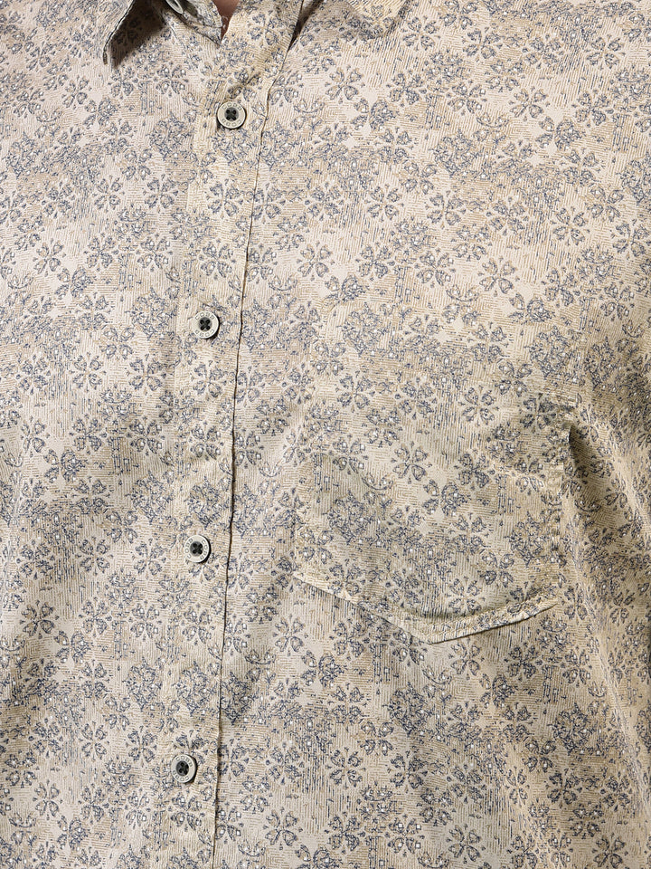 cobb beige printed slim-fit casual shirt