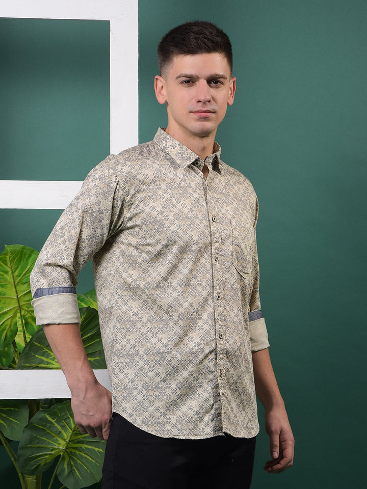 COBB BEIGE PRINTED SLIM-FIT CASUAL SHIRT