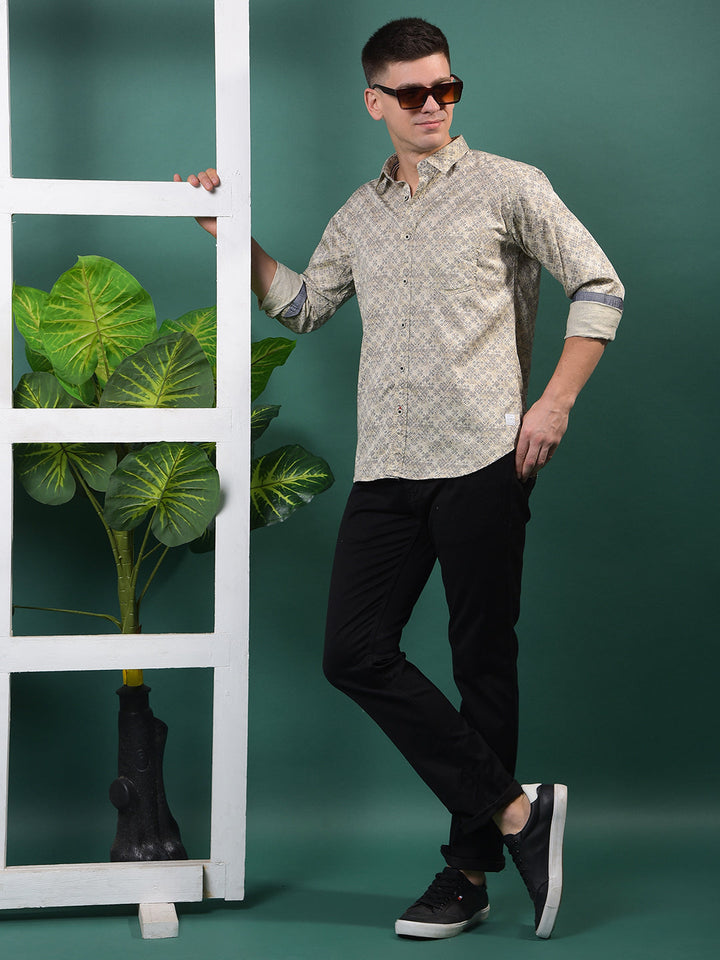 COBB BEIGE PRINTED SLIM-FIT CASUAL SHIRT