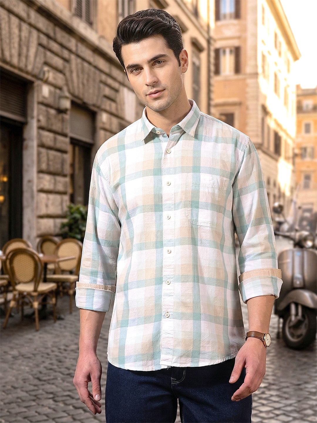 cobb sea green checked slim-fit casual shirt