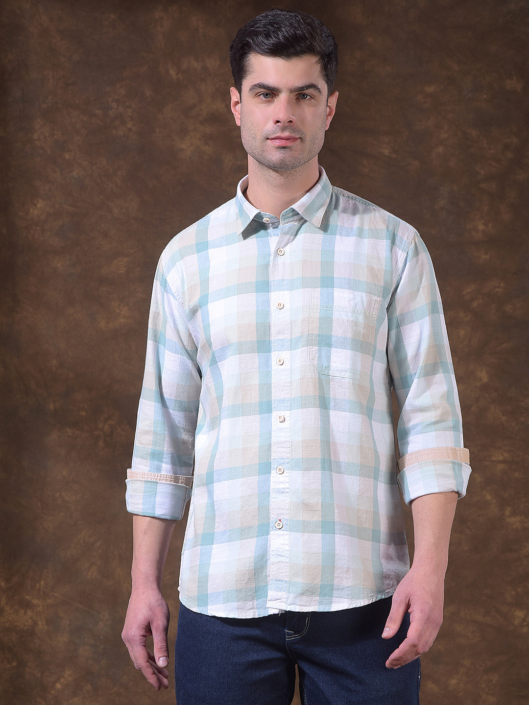 cobb sea green checked slim-fit casual shirt
