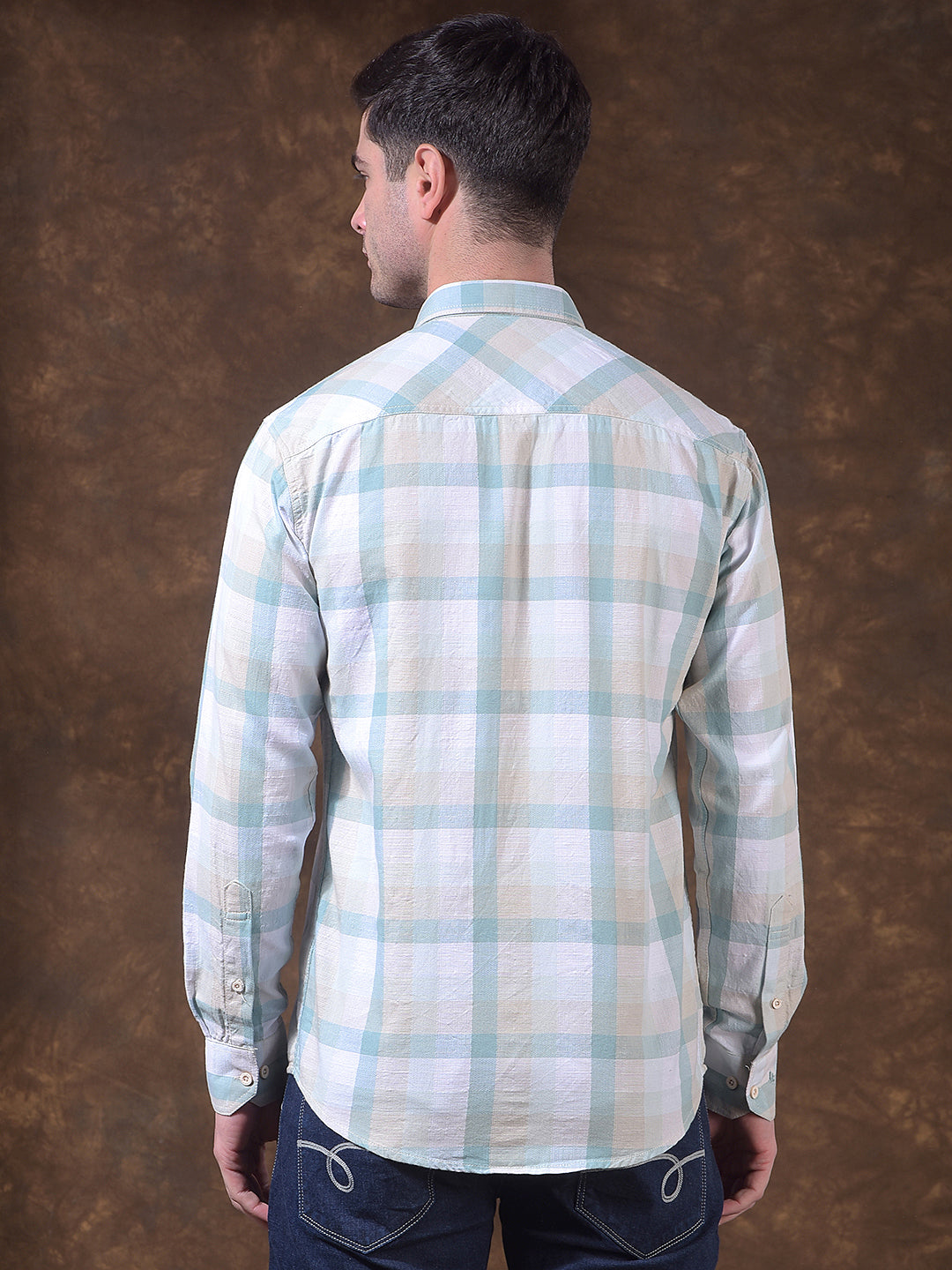 COBB SEA GREEN CHECKED SLIM-FIT CASUAL SHIRT
