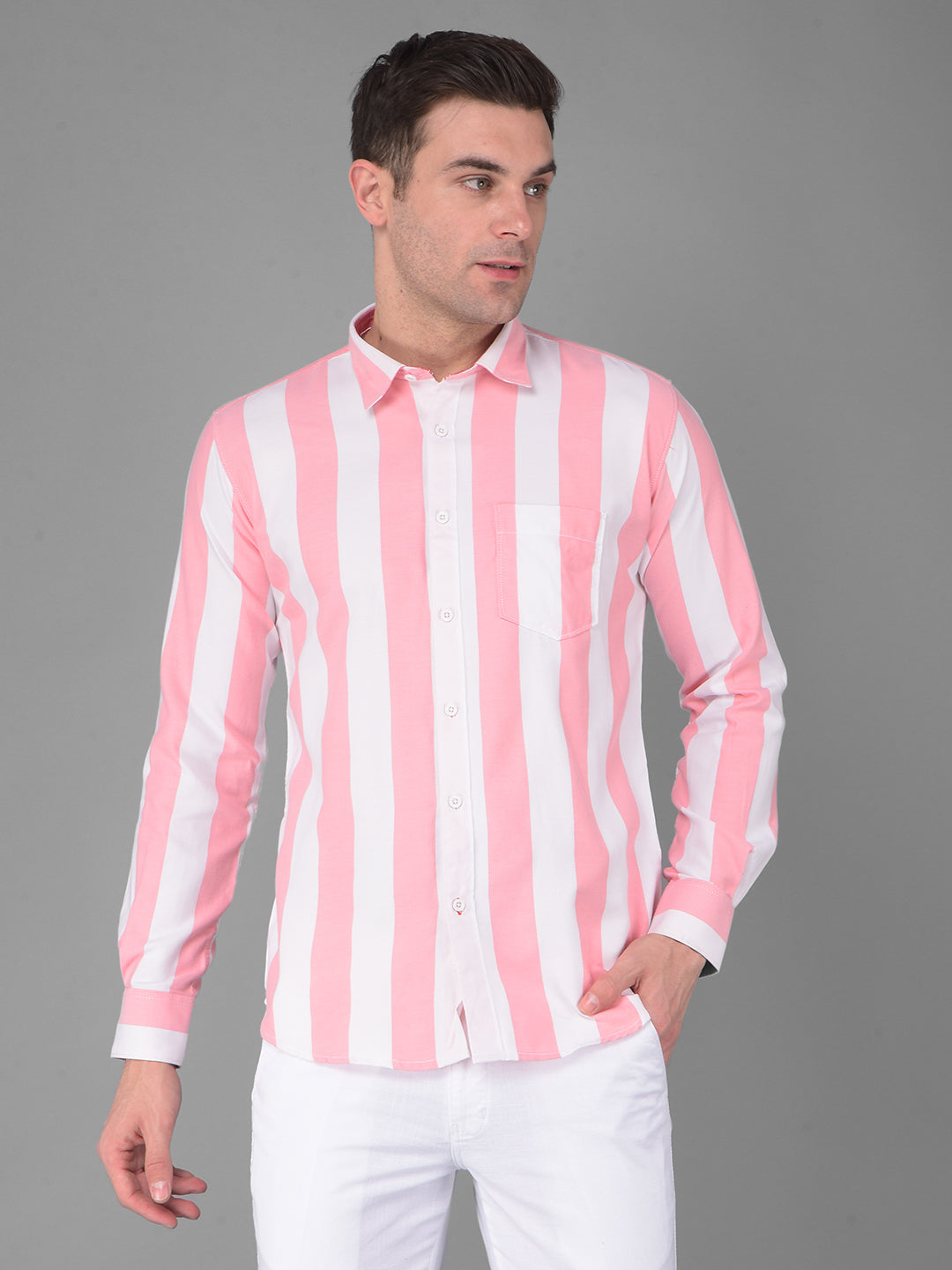 cobb white rose pink striped slim fit casual shirt