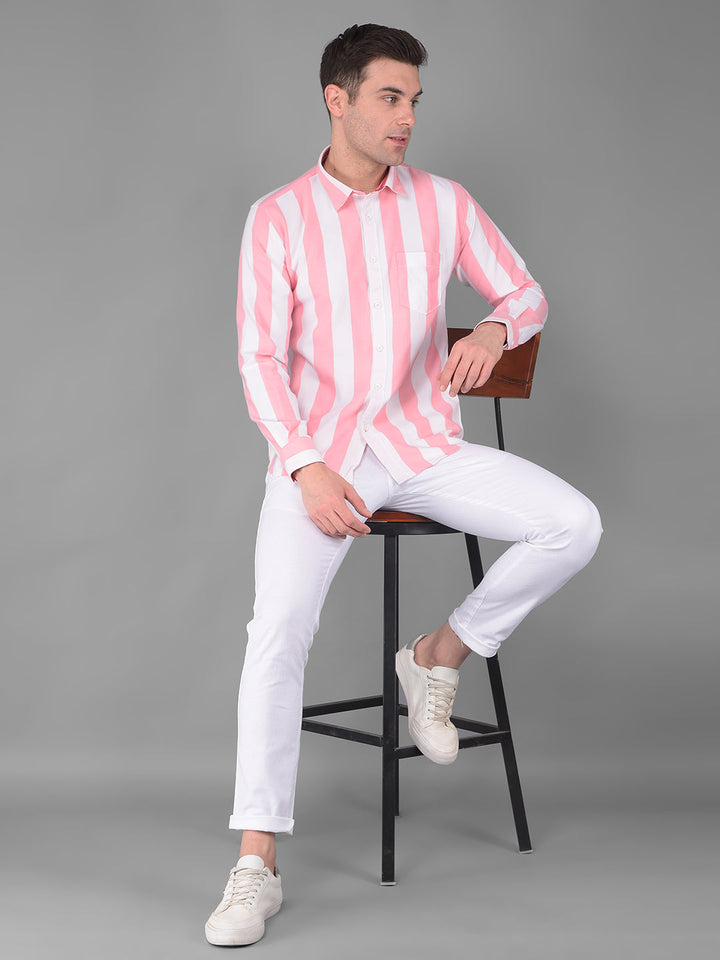 cobb white rose pink striped slim fit casual shirt