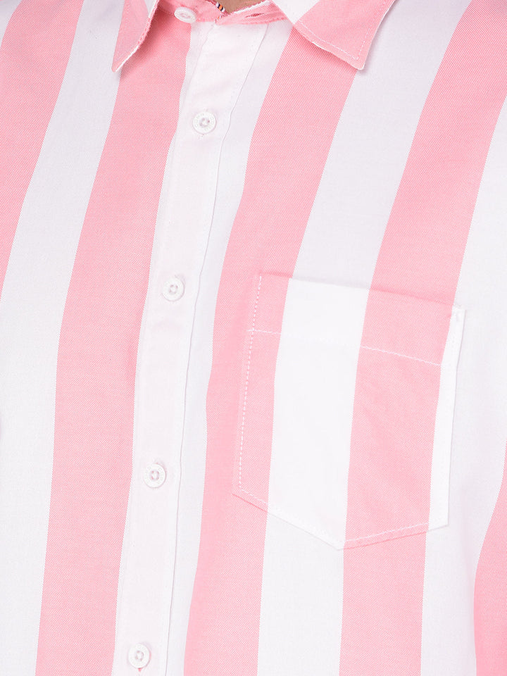 COBB WHITE ROSE PINK STRIPED SLIM FIT CASUAL SHIRT