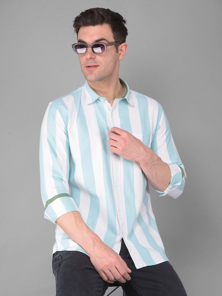 COBB WHITE SEAFOAM GREEN STRIPED SLIM FIT CASUAL SHIRT