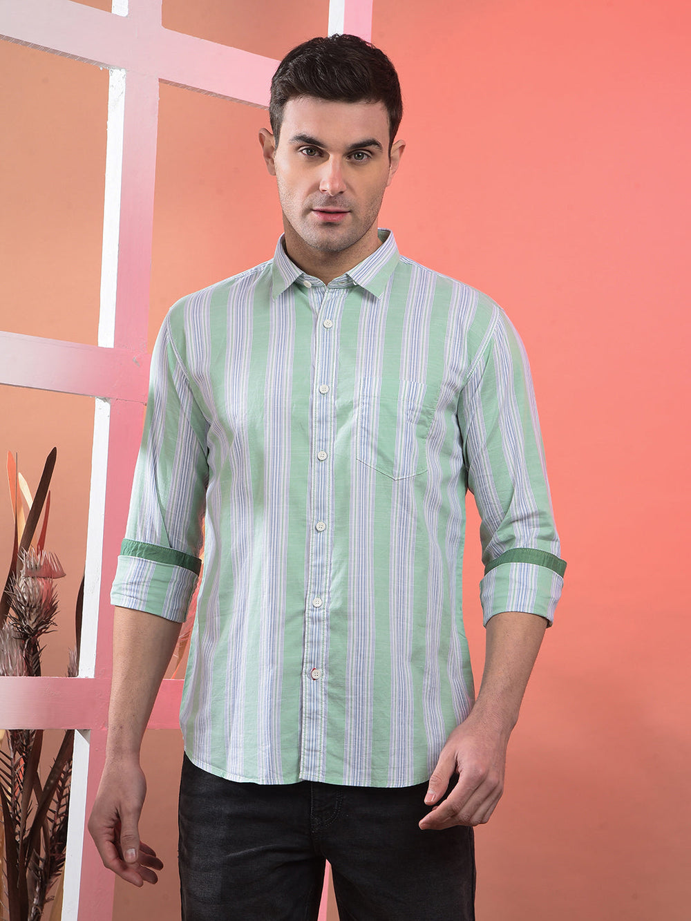 cobb light green striped slim-fit casual shirt