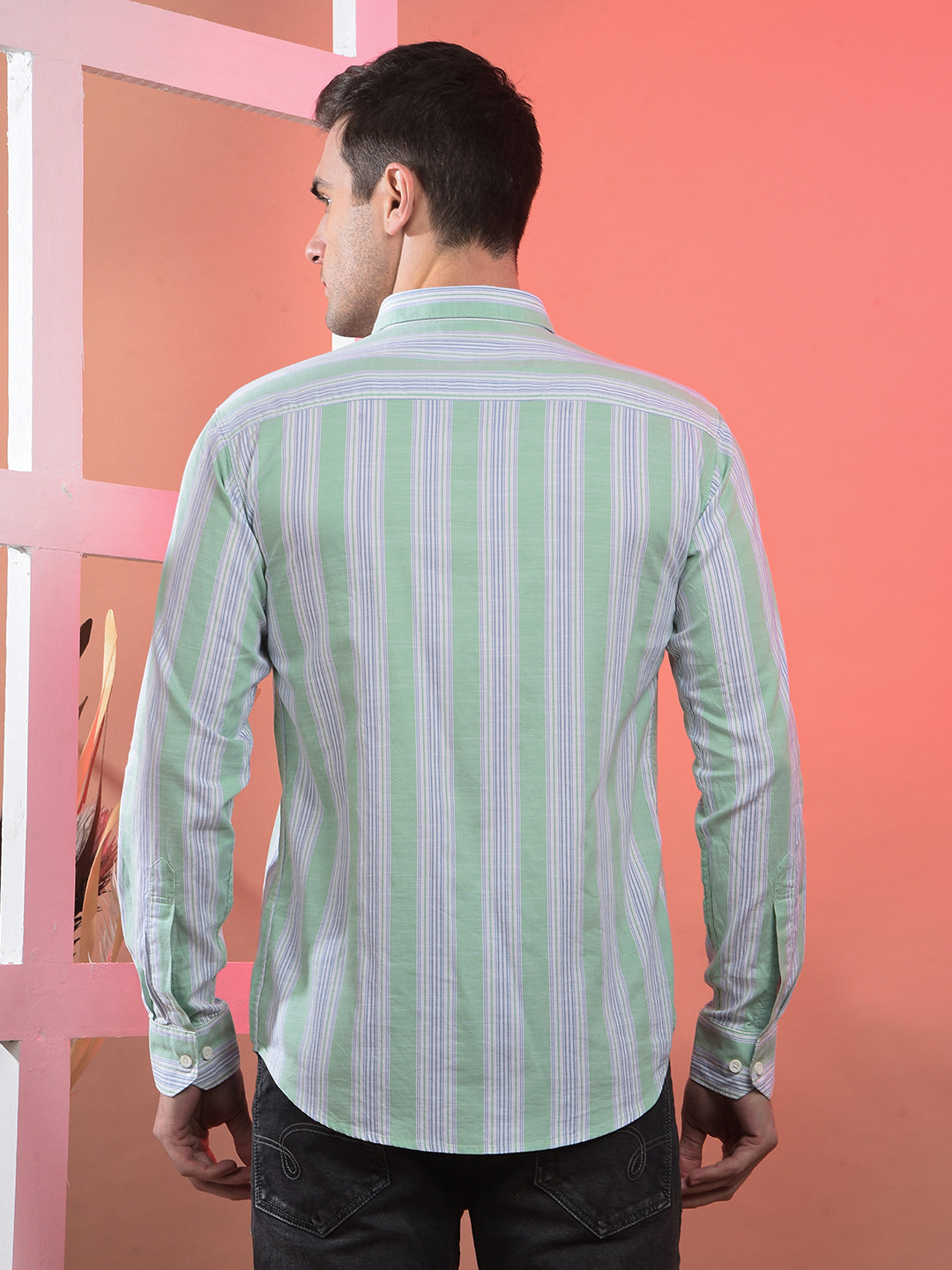 cobb light green striped slim-fit casual shirt