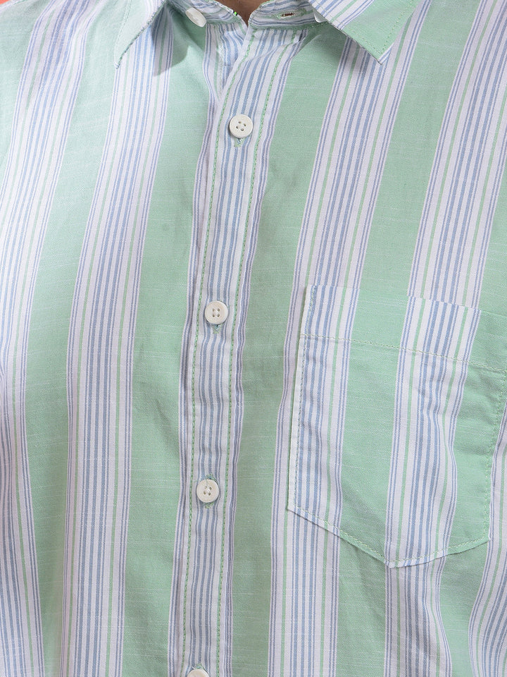 cobb light green striped slim-fit casual shirt