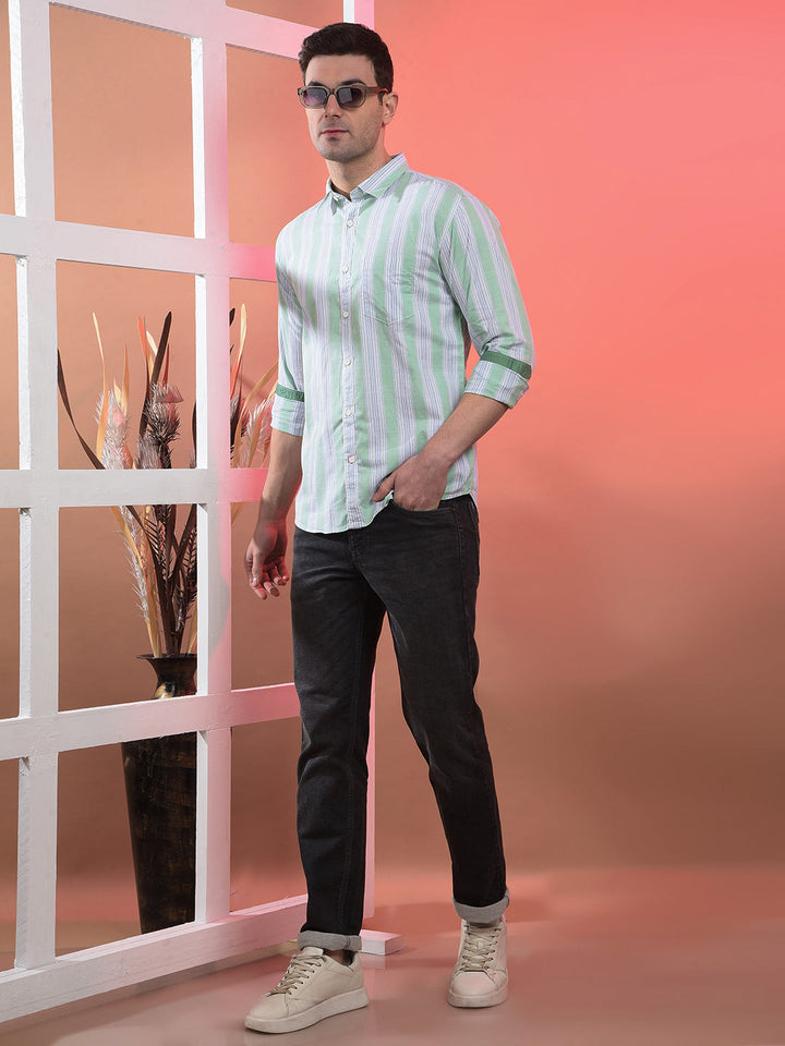 COBB LIGHT GREEN STRIPED SLIM-FIT CASUAL SHIRT