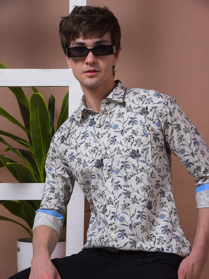 cobb off white printed slim-fit casual shirt
