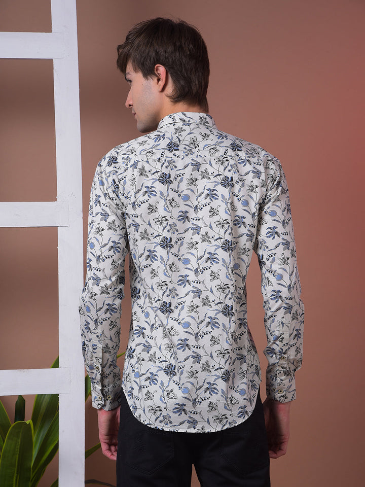 cobb off white printed slim-fit casual shirt