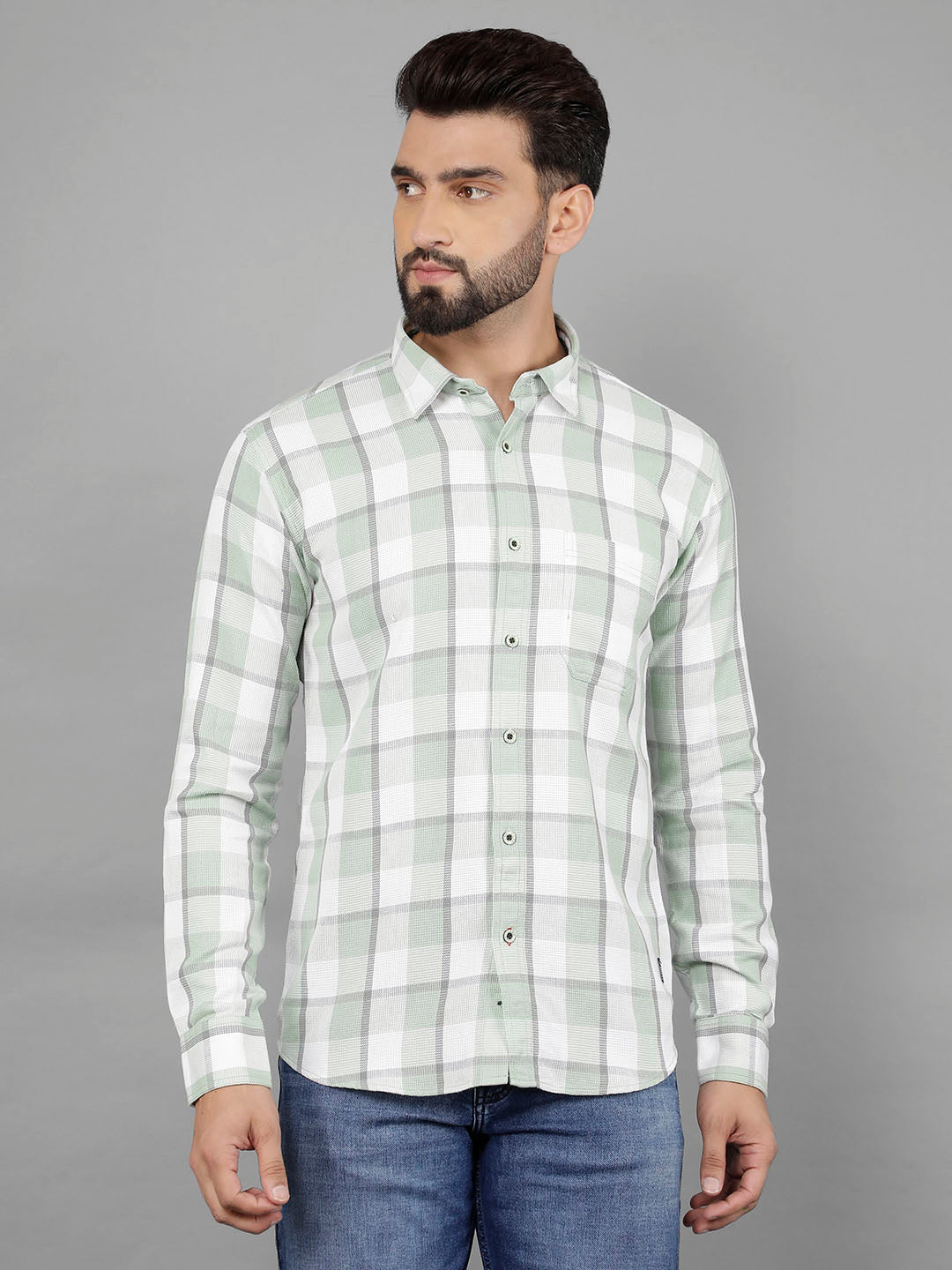 cobb light green checked slim-fit casual shirt