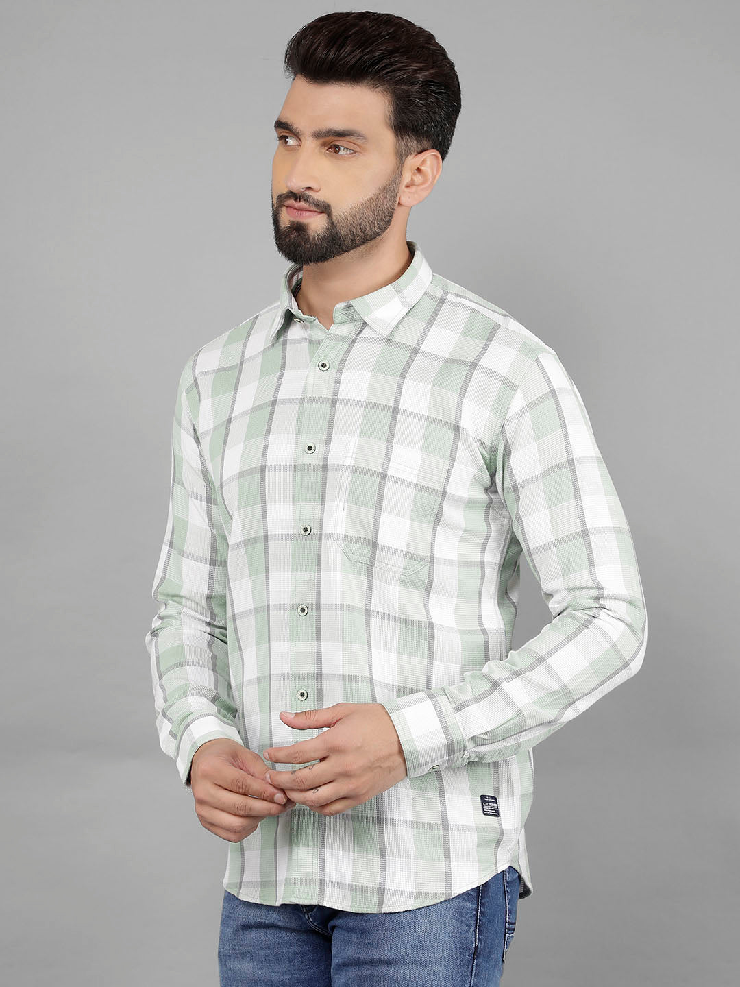 cobb light green checked slim-fit casual shirt