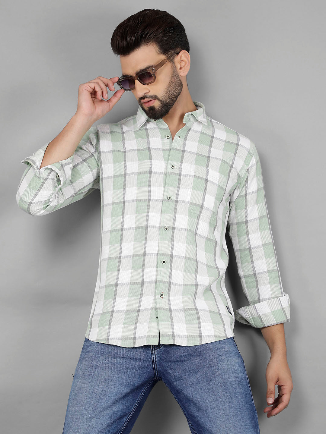 COBB LIGHT GREEN CHECKED SLIM-FIT CASUAL SHIRT