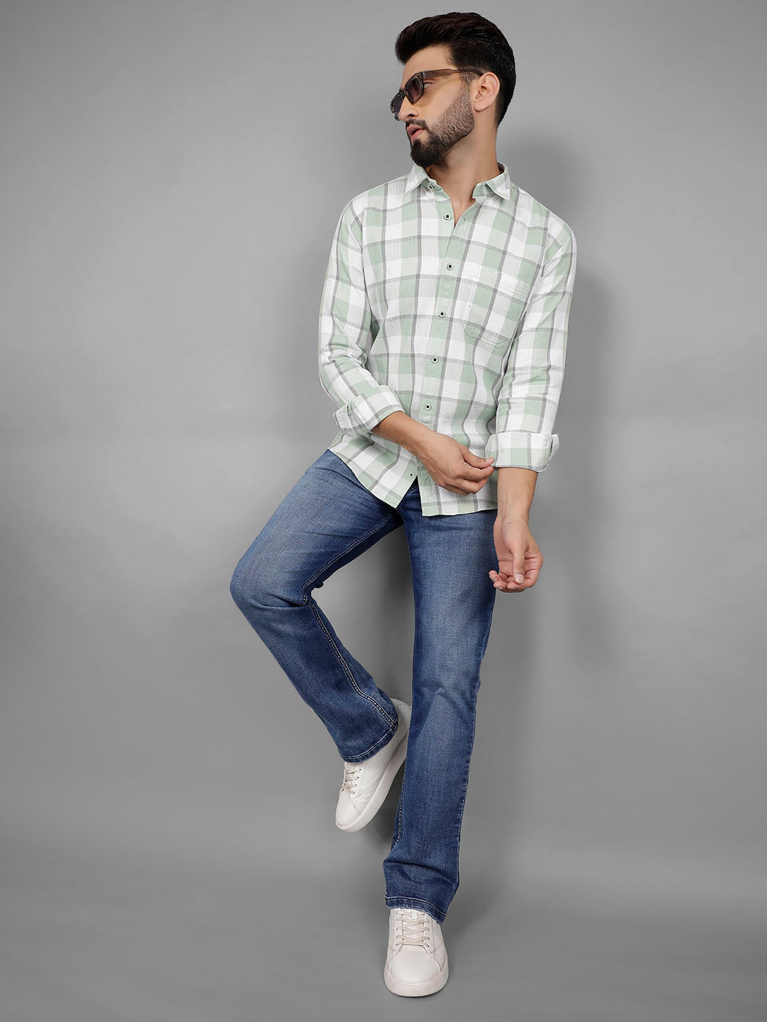 COBB LIGHT GREEN CHECKED SLIM-FIT CASUAL SHIRT