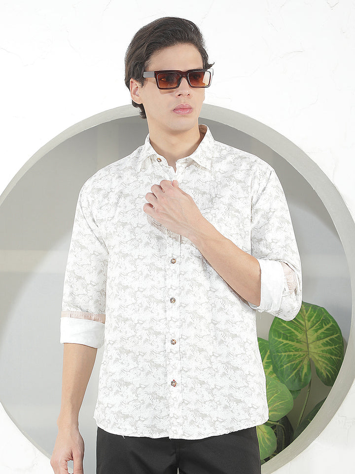 beige printed slim-fit casual shirt