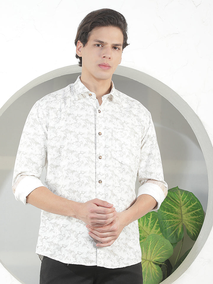 beige printed slim-fit casual shirt
