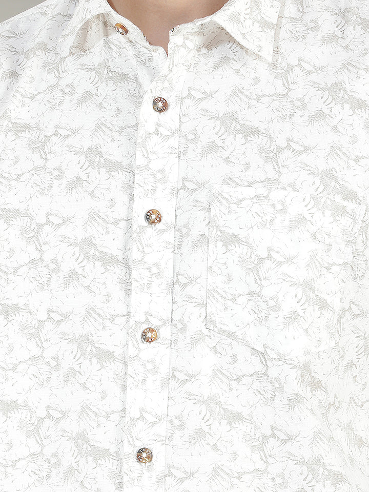 beige printed slim-fit casual shirt