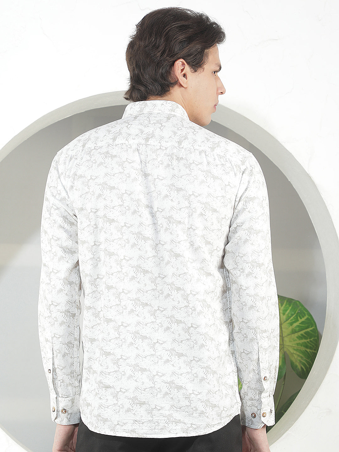 beige printed slim-fit casual shirt