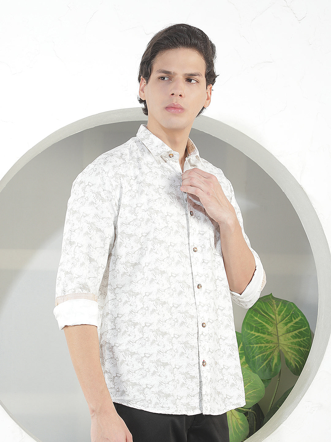 BEIGE PRINTED SLIM-FIT CASUAL SHIRT