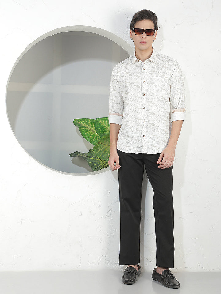 BEIGE PRINTED SLIM-FIT CASUAL SHIRT