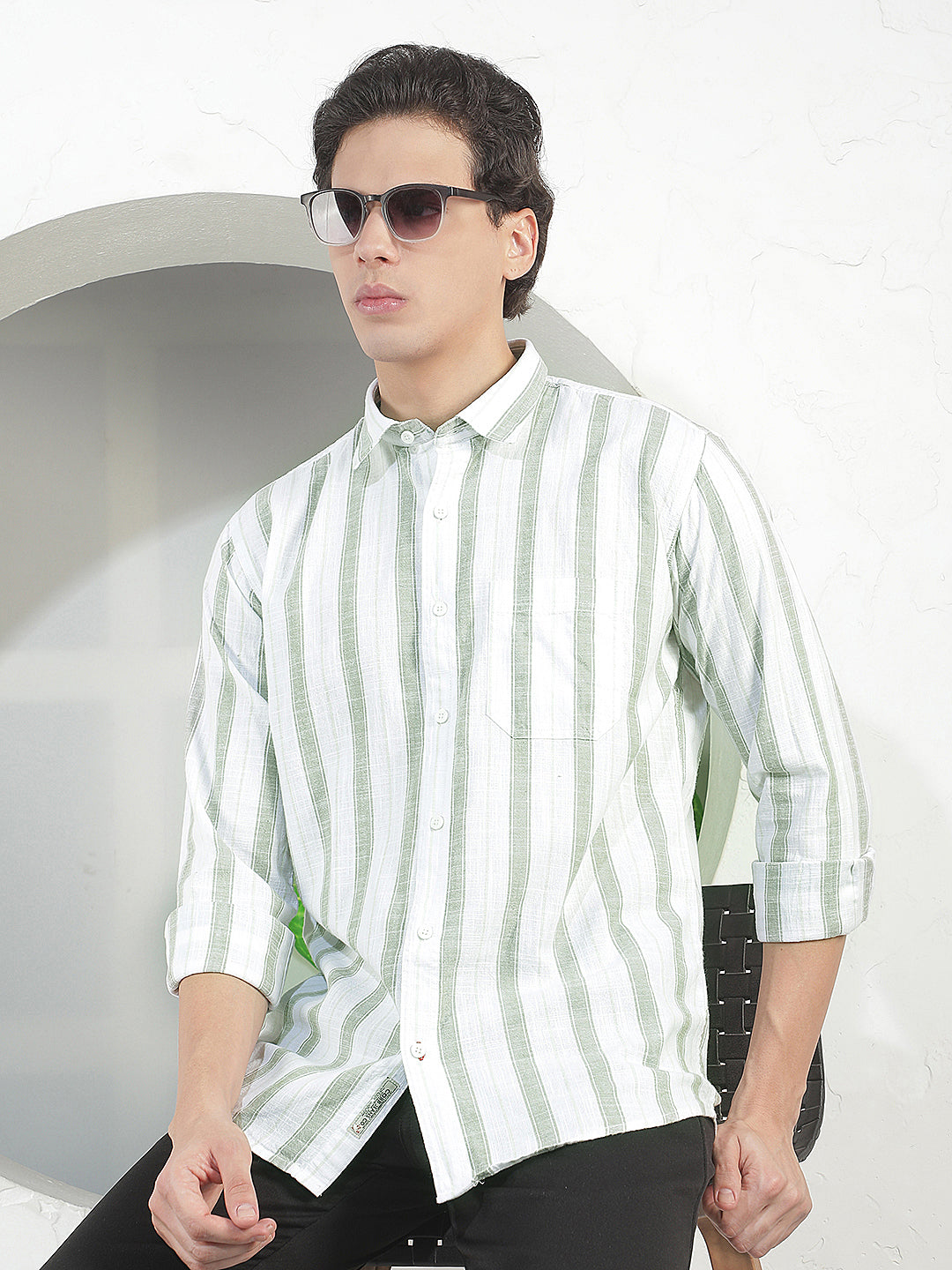 green striped slim-fit casual shirt