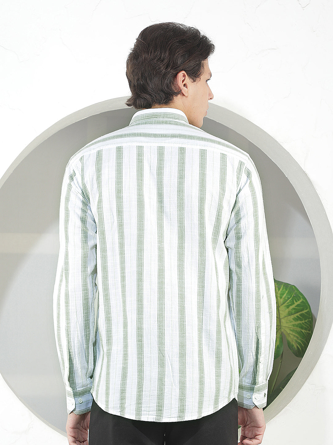 green striped slim-fit casual shirt