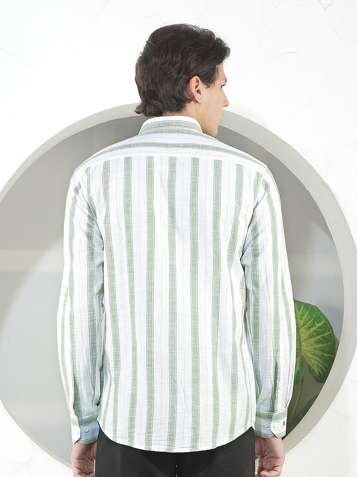 green striped slim-fit casual shirt