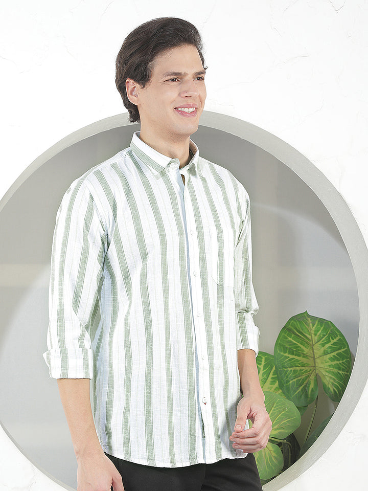 GREEN STRIPED SLIM-FIT CASUAL SHIRT