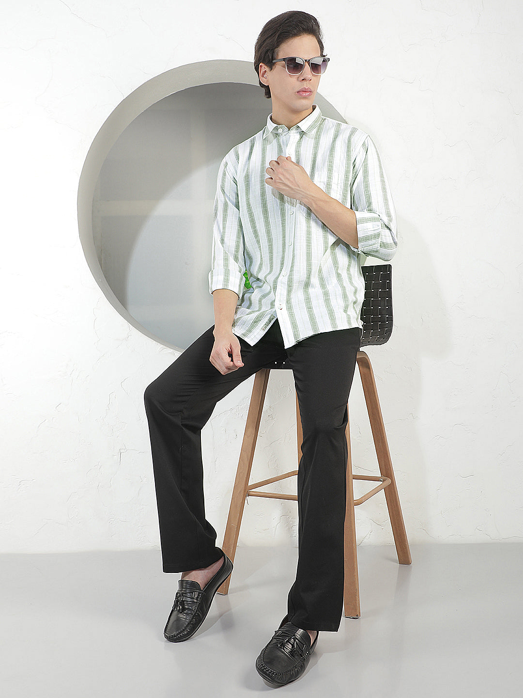 GREEN STRIPED SLIM-FIT CASUAL SHIRT