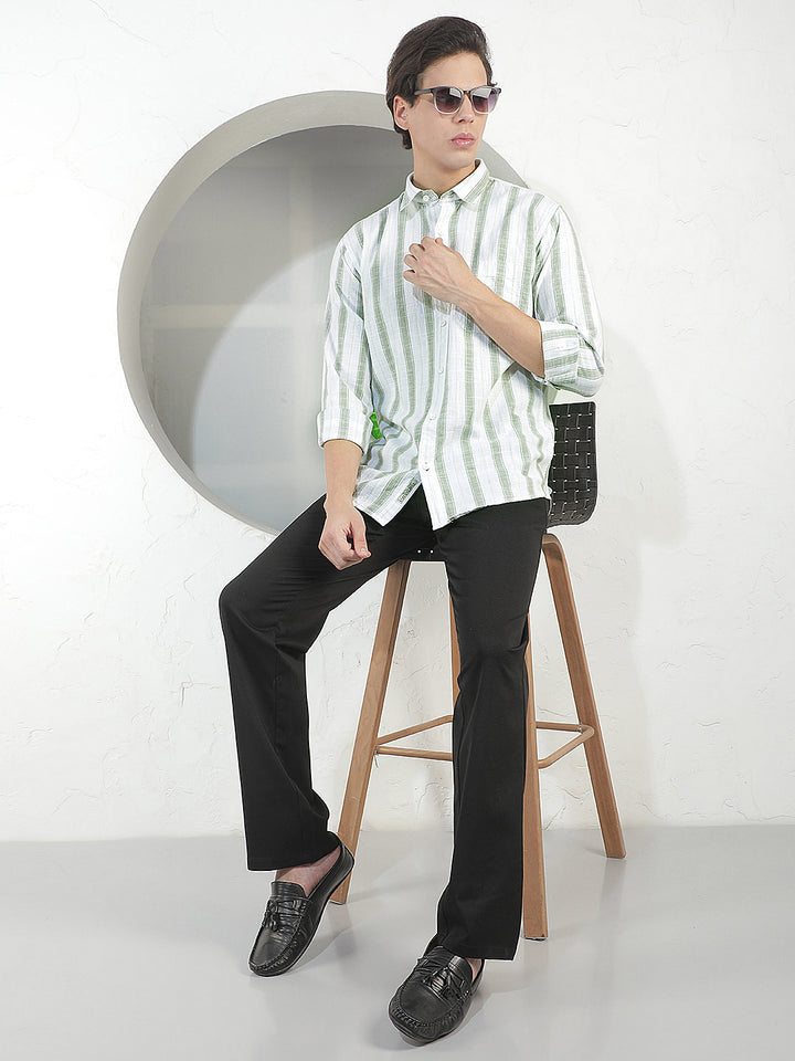 GREEN STRIPED SLIM-FIT CASUAL SHIRT