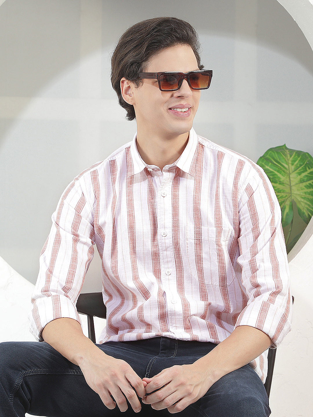 light brown striped slim-fit casual shirt