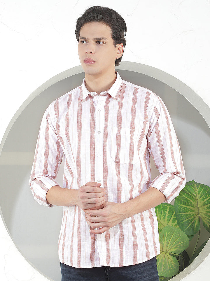 light brown striped slim-fit casual shirt