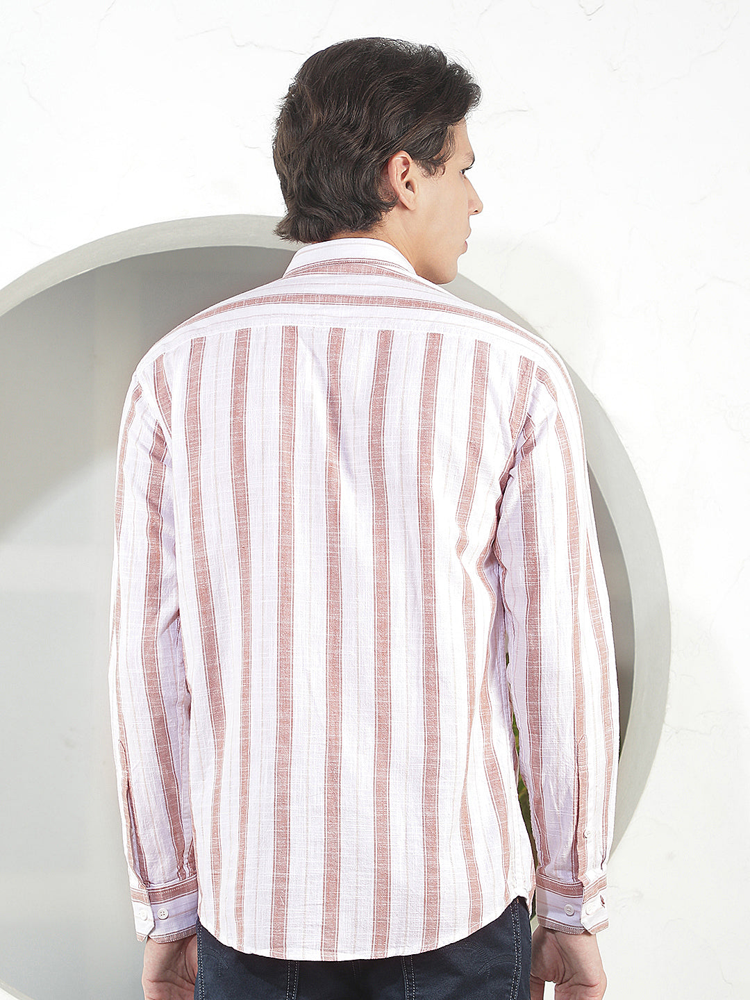 light brown striped slim-fit casual shirt