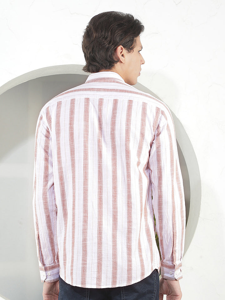 light brown striped slim-fit casual shirt