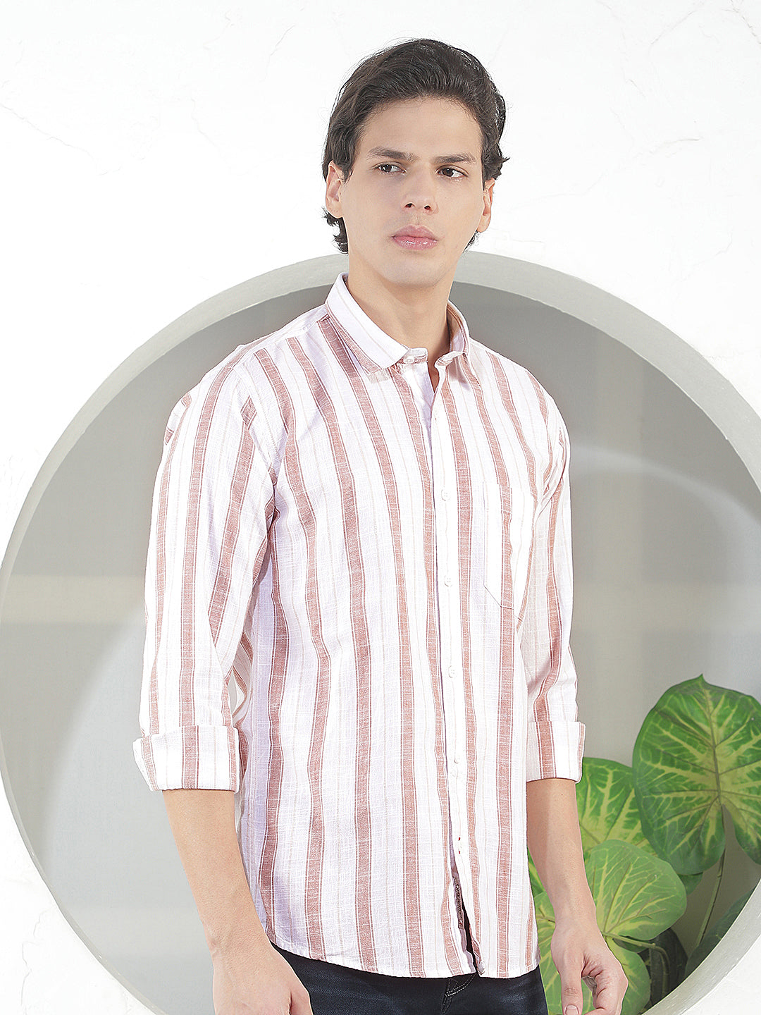LIGHT BROWN STRIPED SLIM-FIT CASUAL SHIRT