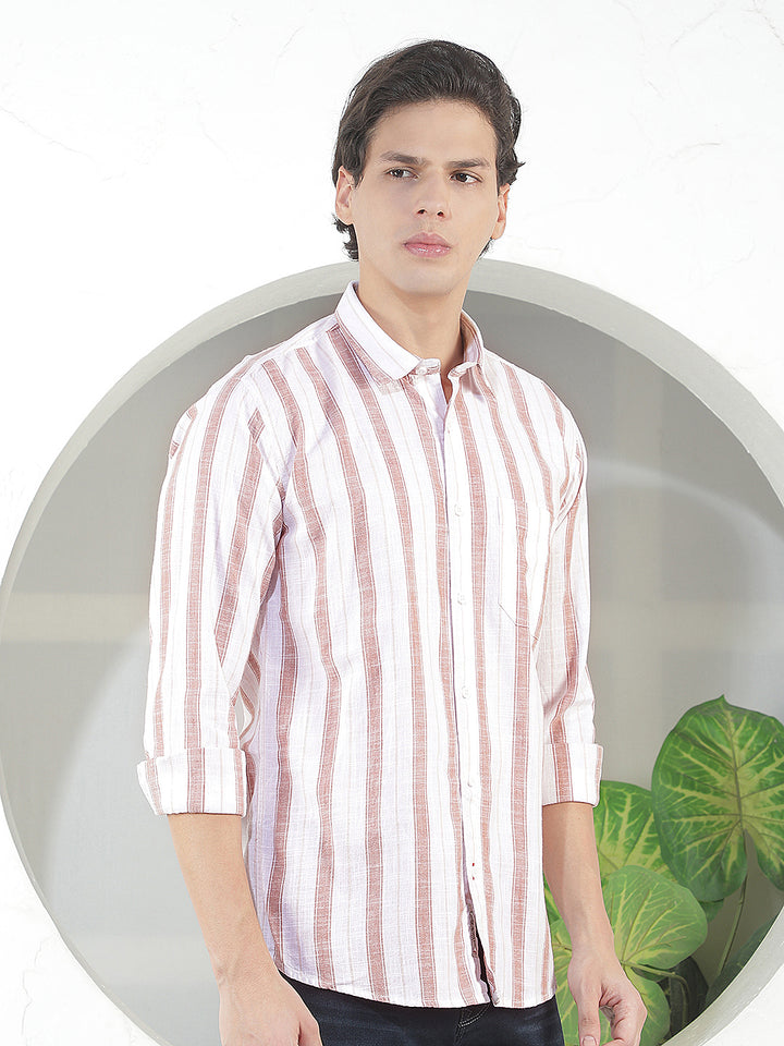 LIGHT BROWN STRIPED SLIM-FIT CASUAL SHIRT