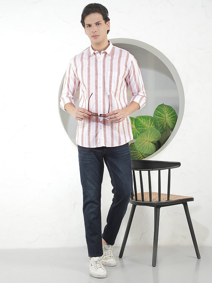 LIGHT BROWN STRIPED SLIM-FIT CASUAL SHIRT