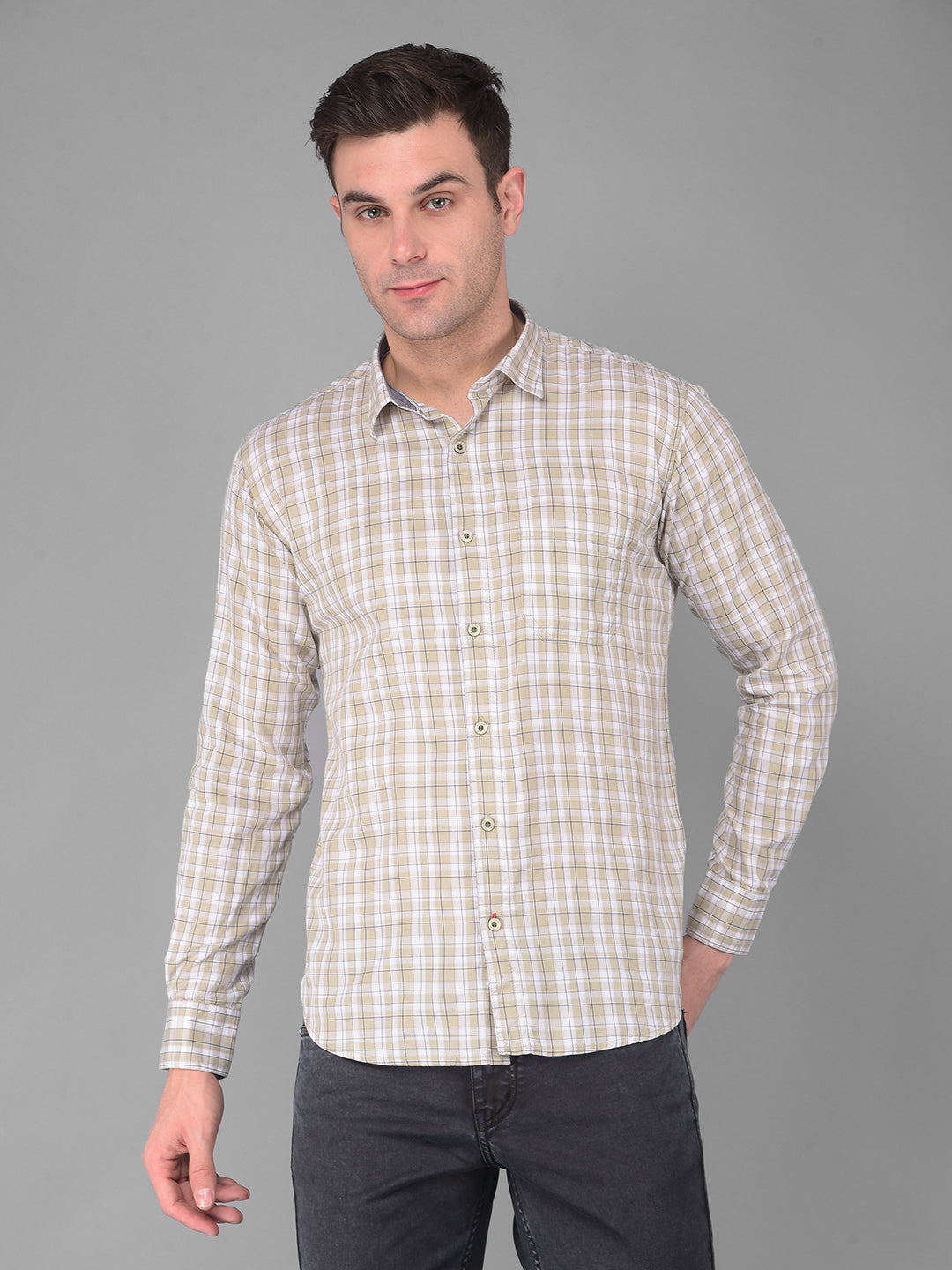 cobb light olive checked slim fit casual shirt