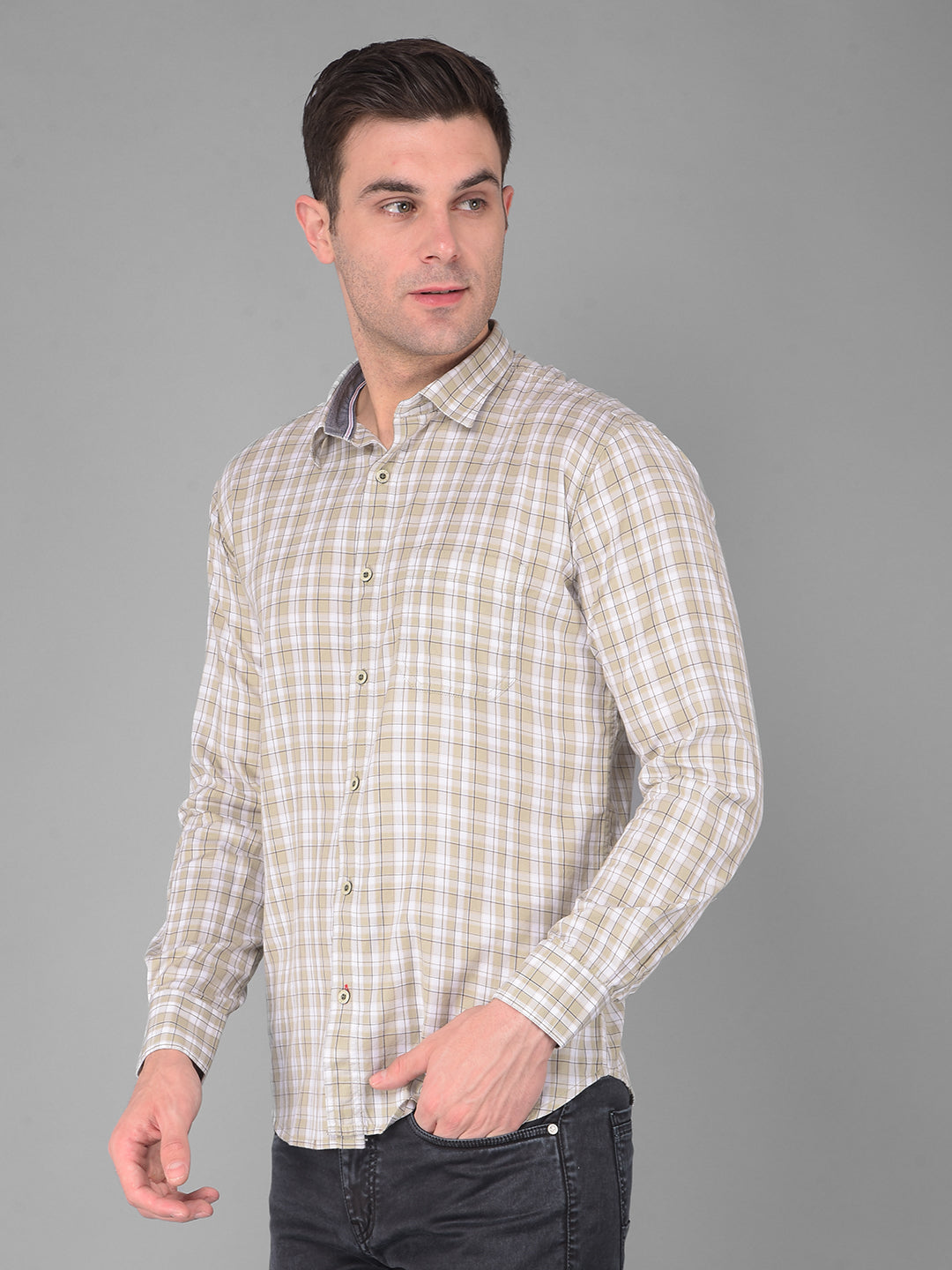 cobb light olive checked slim fit casual shirt