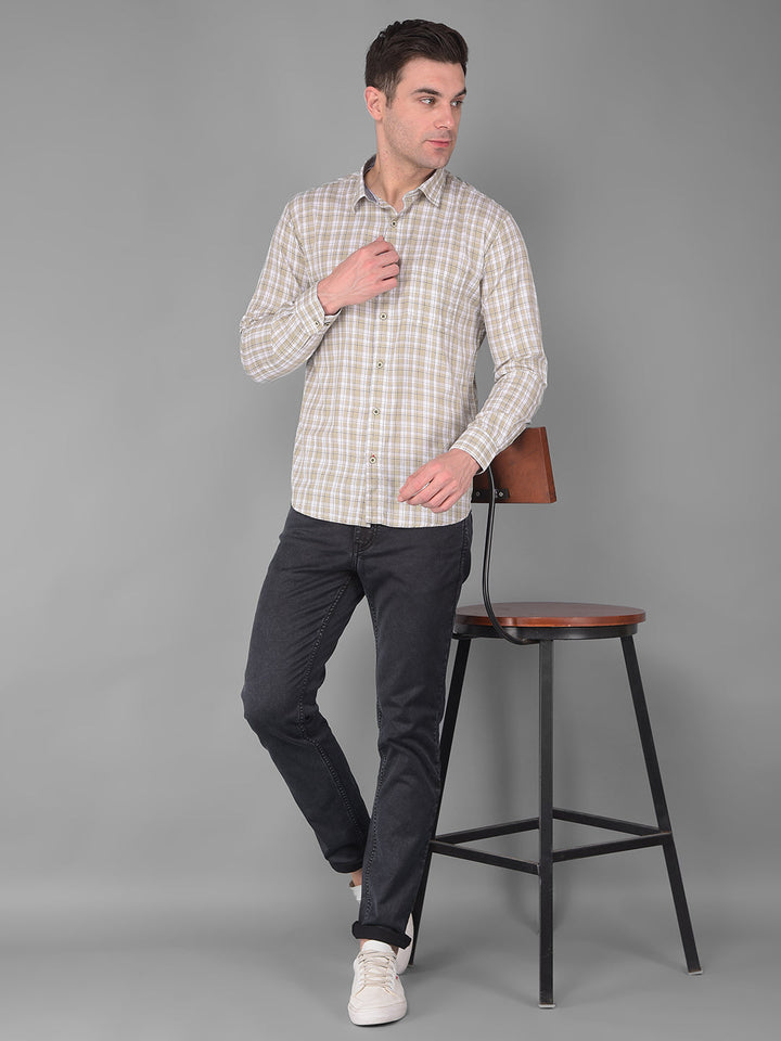 cobb light olive checked slim fit casual shirt