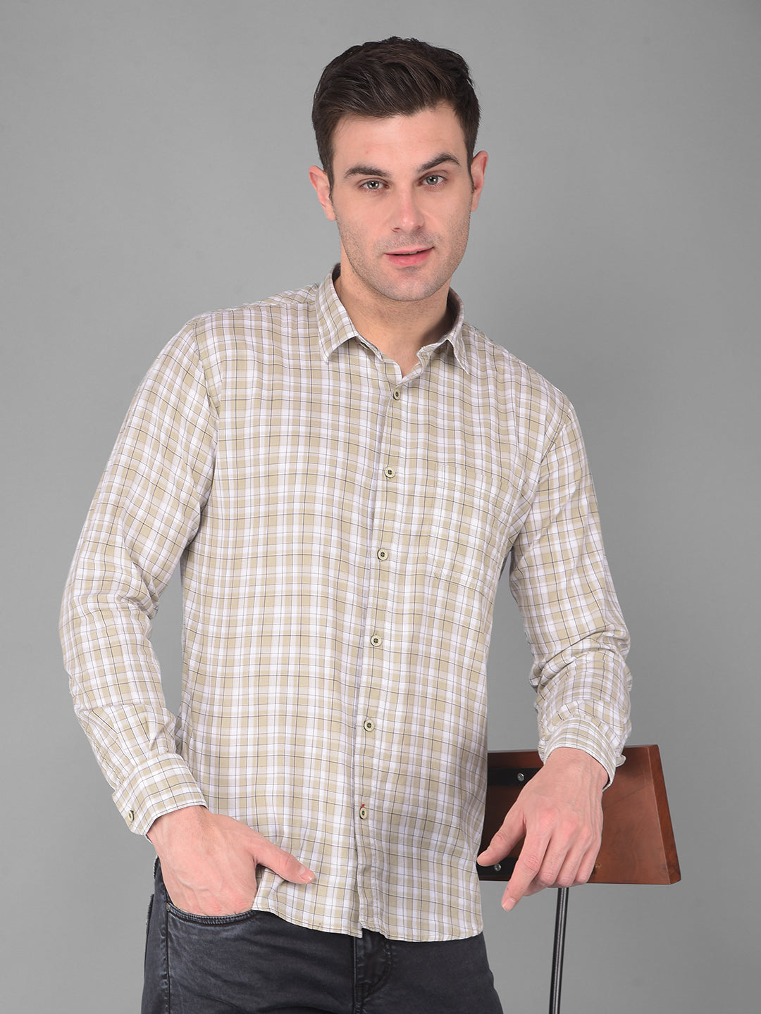 COBB LIGHT OLIVE CHECKED SLIM FIT CASUAL SHIRT