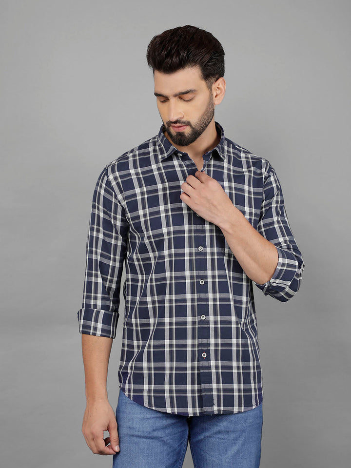 cobb navy blue checked slim-fit casual shirt