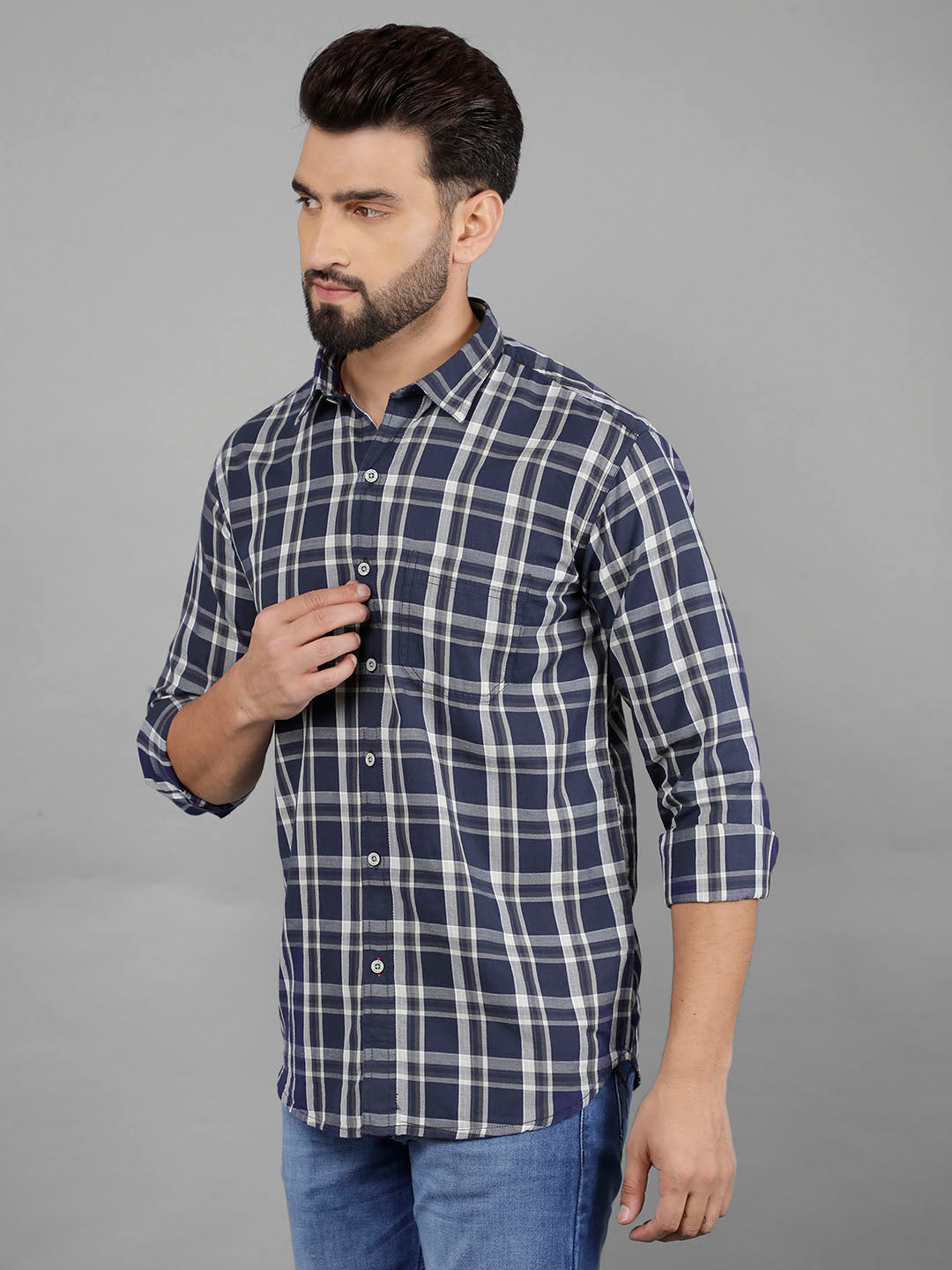 cobb navy blue checked slim-fit casual shirt