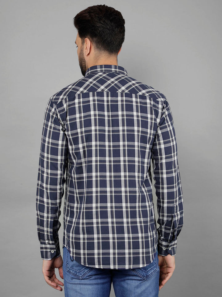 cobb navy blue checked slim-fit casual shirt