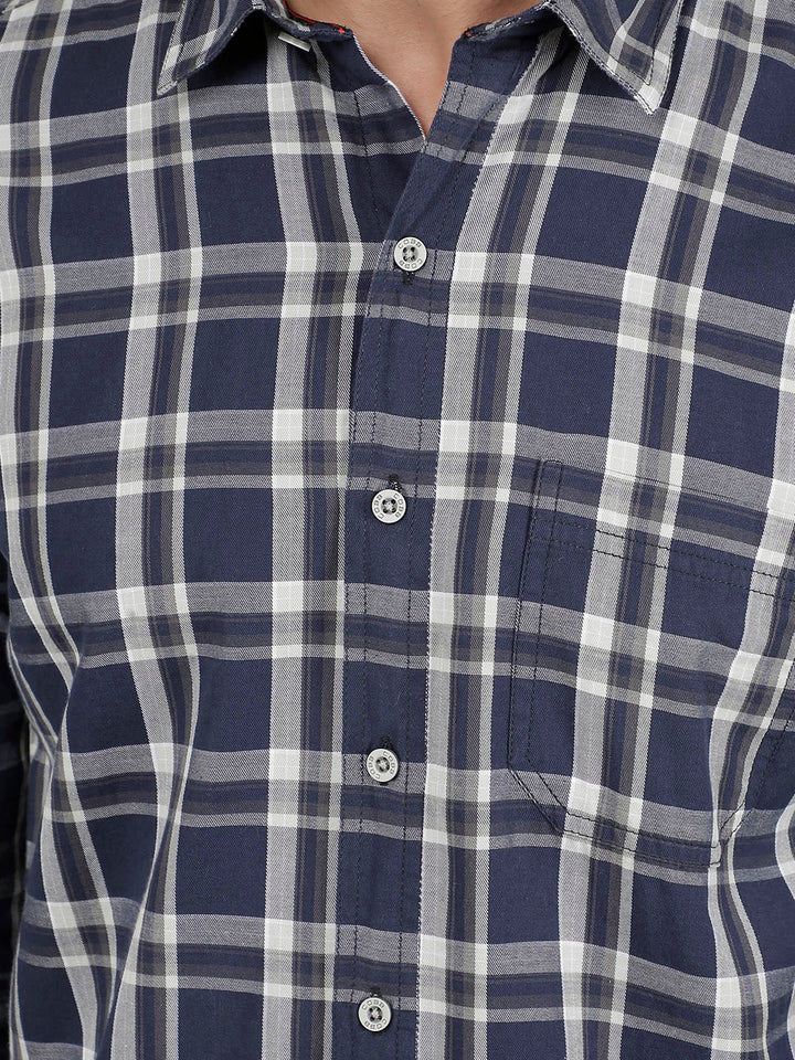 cobb navy blue checked slim-fit casual shirt