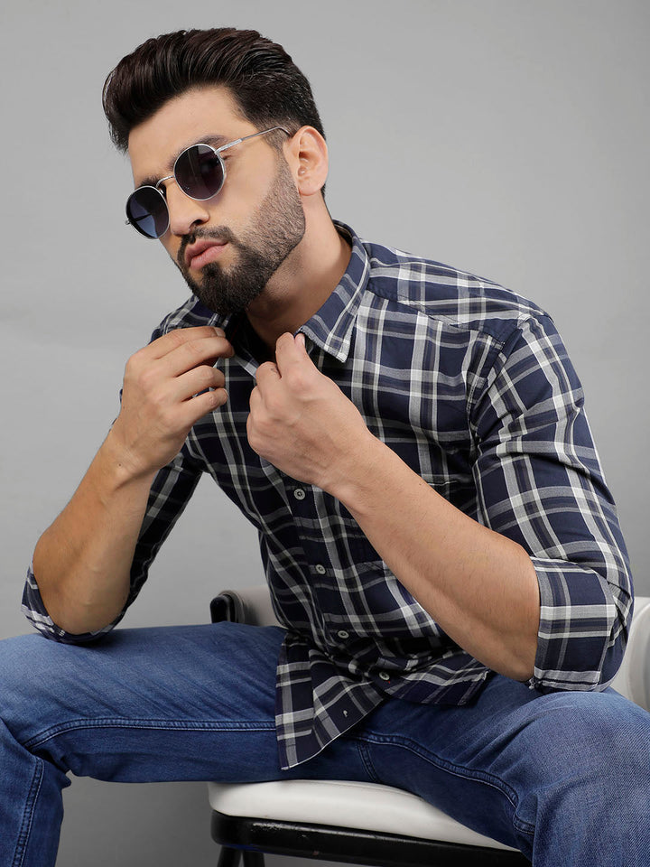 COBB NAVY BLUE CHECKED SLIM-FIT CASUAL SHIRT